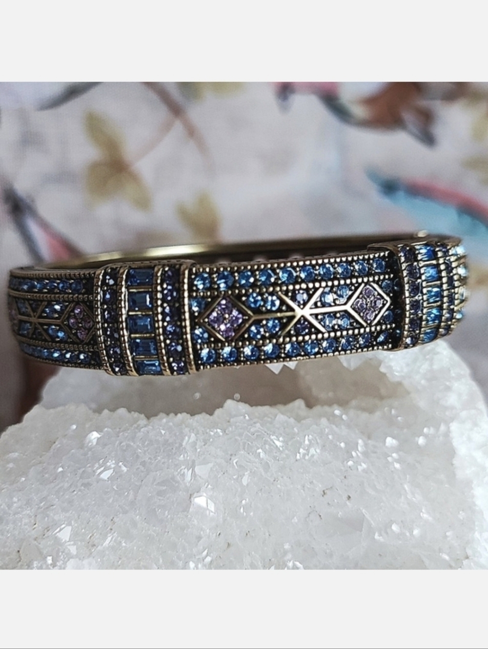 Heidi Daus Brass Swarovski Rhinestone Oval Clamper Blue Lavender Pink Bracelet